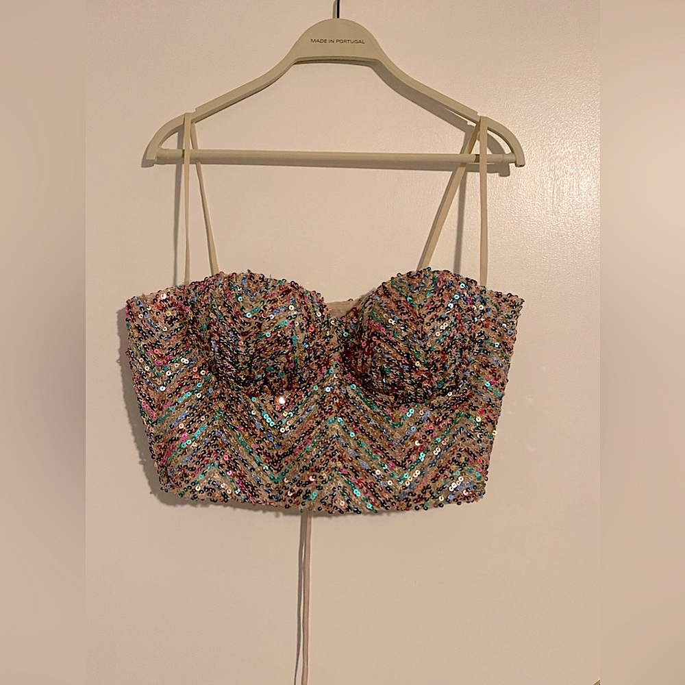 CUSTOM MADE TEUTA MATOSHI OME OF A KIND RAINBOW SEQUIN CORSET TOP SIZE LARGE